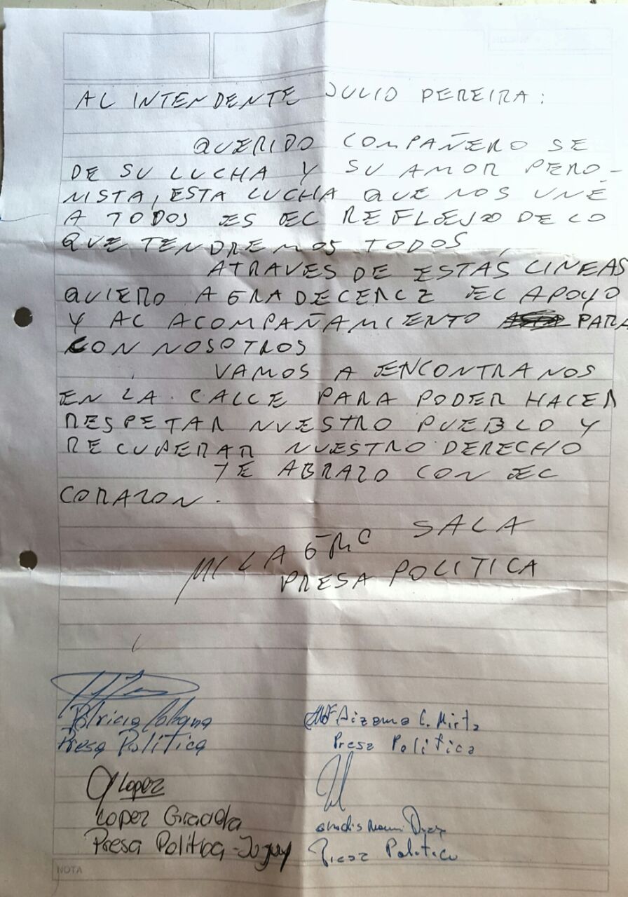 La carta de puño y letra de Milagro Sala a Julio Pereyra