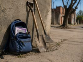 Imagen ilustrativa de una mochila escolar junto a una pala y un rastrillo apoyados sobre una vereda, en referencia al debate sobre el trabajo infantil y las changas de adolescentes en Florencio Varela.