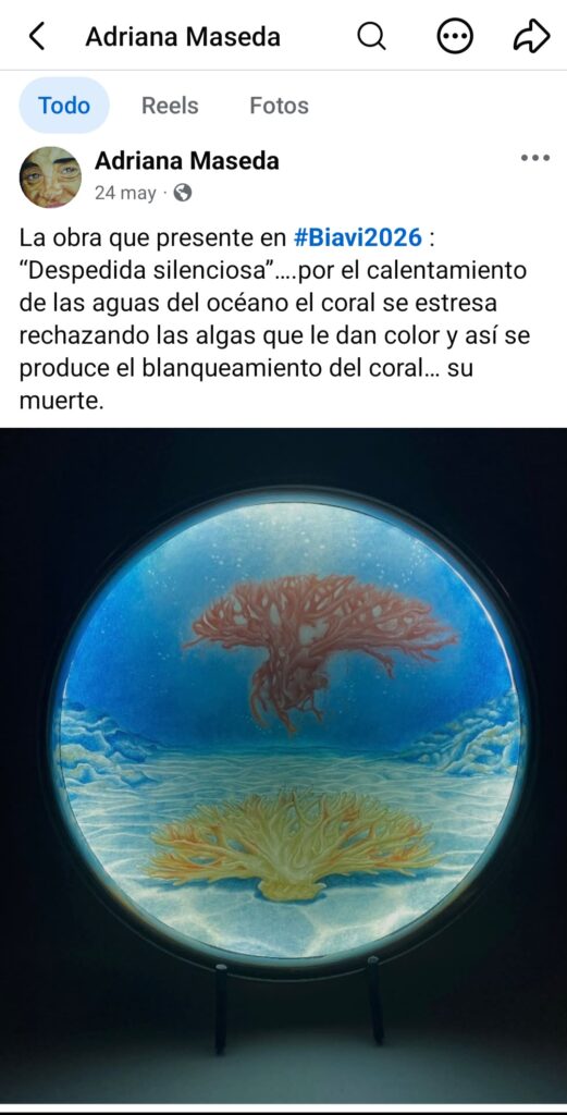 Captura de pantalla de la publicación de la artista Adriana Maseda en redes sociales el 24 de mayo de 2026, presentando la obra "Despedida silenciosa" para la BIAVI 2026.