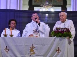 El obispo Carlos Tissera preside la misa por los 50 años de la Diócesis de Quilmes en Florencio Varela.